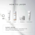 Medik8 layering guide titled  HOW TO LAYER  on a clean white background with soft light rays. An AM sun icon indicates a four-step morning routine, with the third step highlighted in a dashed box:
CLEANSE: Medik8 Surface Radiance Cleanse tube.
TONE: Medik8 Press & Glow bottle.
VITAMIN C: Medik8 C-Tetra Cream jar.
SUNSCREEN: Medik8 Advanced Day Ultimate Protect tube. A dashed box at the bottom provides  EXPERT ADVICE  suggesting Daily Radiance Vitamin C for those wanting stabilised vitamin C and sunscreen