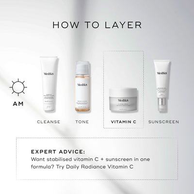 Medik8 layering guide titled  HOW TO LAYER  on a clean white background with soft light rays. An AM sun icon indicates a four-step morning routine, with the third step highlighted in a dashed box:
CLEANSE: Medik8 Surface Radiance Cleanse tube.
TONE: Medik8 Press & Glow bottle.
VITAMIN C: Medik8 C-Tetra Cream jar.
SUNSCREEN: Medik8 Advanced Day Ultimate Protect tube. A dashed box at the bottom provides  EXPERT ADVICE  suggesting Daily Radiance Vitamin C for those wanting stabilised vitamin C and sunscreen