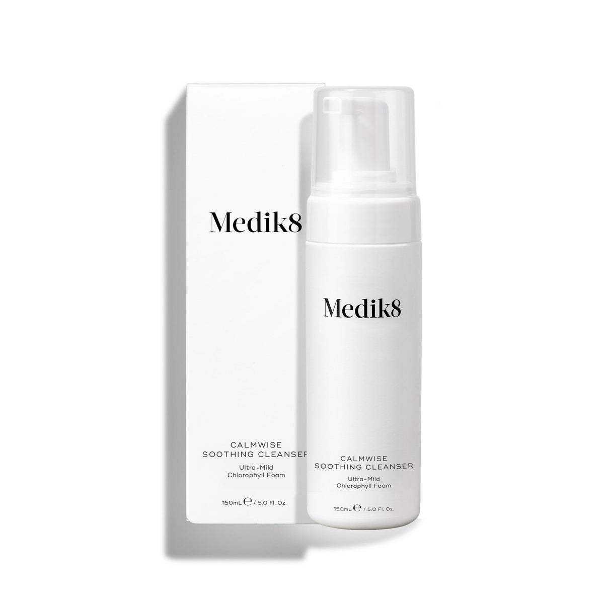 Medik8 Calmwise Soothing Cleanser pump bottle standing next to its white packaging box on a white background. Text identifies it as an  Ultra-Mild Chlorophyll Foam. 