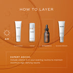 Medik8 layering guide titled  HOW TO LAYER  set against a vibrant orange background with translucent serum bubbles. An AM sun icon indicates a four-step morning routine, with the third step highlighted in a white dashed box:

CLEANSE: Medik8 Surface Radiance Cleanse tube.

TONE: Medik8 Press & Glow bottle.

VITAMIN C: Medik8 Super C Ferulic serum bottle.

SUNSCREEN: Medik8 Advanced Day Ultimate Protect tube.

A dashed box at the bottom provides  EXPERT ADVICE  to include vitamin A in your evening routine