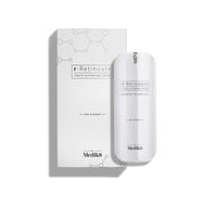 A sleek white pump bottle of r-Retinoate Day & Night stands beside its matching white carton