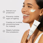 A model holding the Medik8 Advanced Day Total Protect tube next to a list of benefits with checkmark icons. Text highlights that it delivers powerful SPF 30 protection against UVA and UVB rays, prevents visible signs of ageing, creates an invisible smoothing base for makeup, and deeply hydrates the complexion.