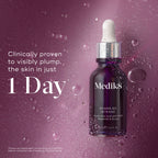 Medik8 Hydr8 B5 Intense glass dropper bottle centered on a shimmering purple background with translucent water droplets. Bold text states the product is clinically proven to visibly plump the skin in just 1 Day.