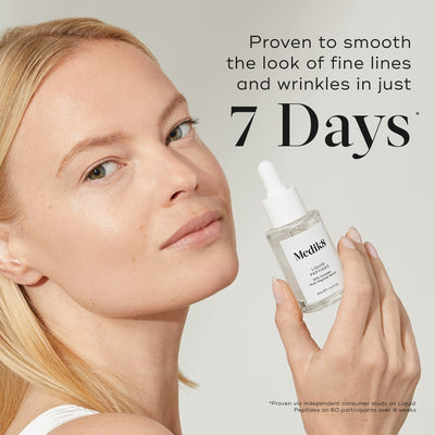 A woman holds a bottle of Liquid Peptides serum. Text on the right states,  Proven to visibly boost skin plumpness in 7 Days*.  A footnote states this is from an independent consumer study.