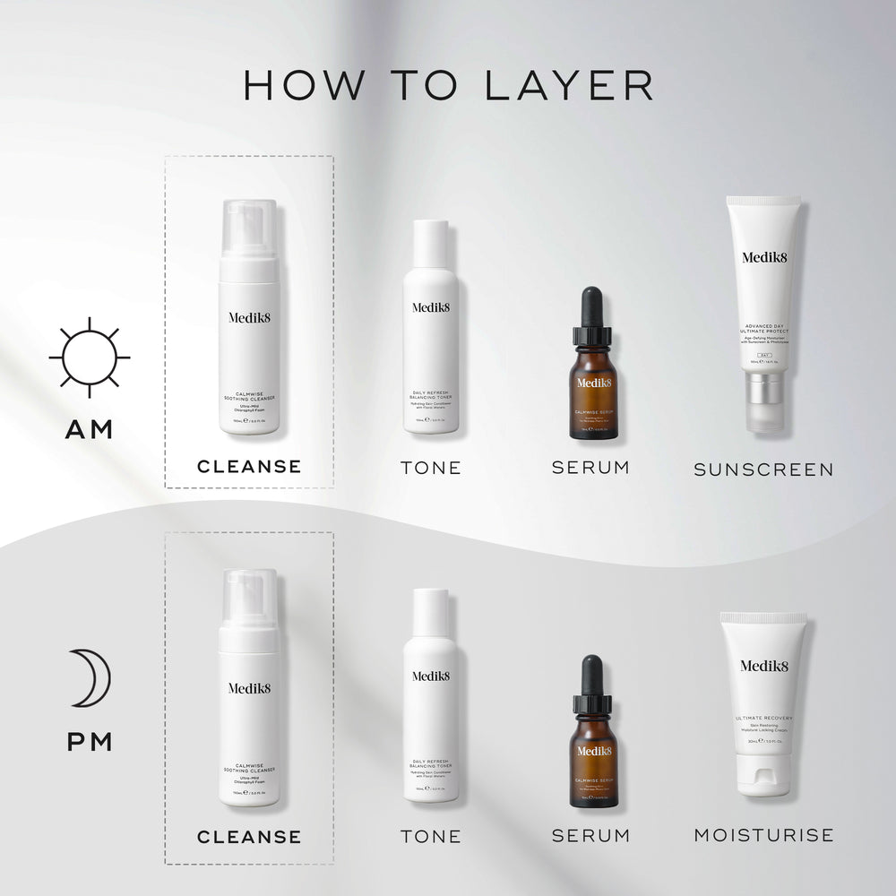An infographic titled  How To Layer  outlining morning and evening skincare routines. It positions Medik8 Calmwise Soothing Cleanser as the essential  Cleanse  step for both AM and PM.