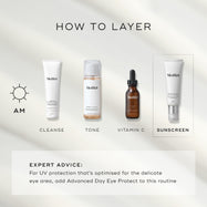 A  How to Layer  AM guide features Medik8 Advanced Day Total Protect as the final 'Sunscreen' step. The routine begins with Surface Radiance Cleanse (Cleanse), followed by Press & Glow (Tone), and C-Tetra Luxe (Vitamin C). A text box provides expert advice: for UV protection optimized for the eye area, add Advanced Day Eye Protect to this routine.
