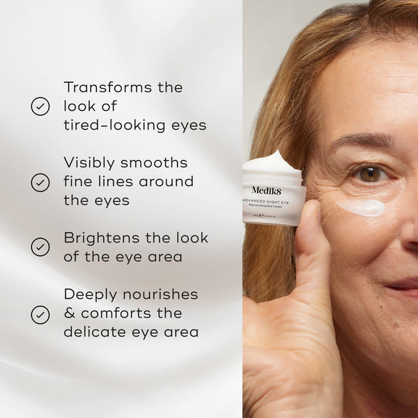 List of benefits appears next to a model holding the Medik8 Advanced Night Eye jar. Text claims the cream transforms tired eyes, smooths fine lines, brightens, and deeply nourishes the delicate eye area.