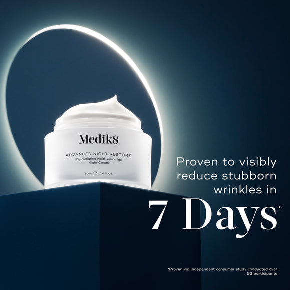 Medik8 Advanced Night Restore cream jar placed on a dark blue plinth with a glowing light ring behind it. Text highlights  Proven to visibly reduce stubborn wrinkles in 7 Days*  based on an independent consumer study.-hover-11