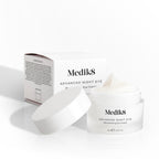 Medik8 Advanced Night Eye cream jar sits open next to its packaging box on a white background. Text highlights the  Rejuvenating Eye Cream  formula and 15mL size.
