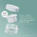 An exploded view of the Medik8 Total Moisture Daily Facial Cream packaging set against a teal background. It shows the empty frosted glass jar at the bottom, a white recyclable refill pod containing white cream hovering above it, and the white lid floating at the top. Text highlights "ENJOY MORE MOISTURE BUT LESS WASTE WITH THE RECYCLABLE REFILL POD," and a circular badge claims "94% LESS PACKAGING."