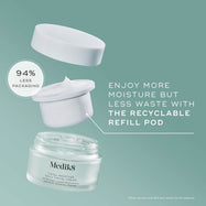 An exploded view of the Medik8 Total Moisture Daily Facial Cream packaging set against a teal background. It shows the empty frosted glass jar at the bottom, a white recyclable refill pod containing white cream hovering above it, and the white lid floating at the top. Text highlights "ENJOY MORE MOISTURE BUT LESS WASTE WITH THE RECYCLABLE REFILL POD," and a circular badge claims "94% LESS PACKAGING."