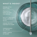 An infographic titled "WHAT'S INSIDE?" over a teal background, showing a top-down view of a glass dish containing a swirl of white cream and clear liquid with a metal spatula. Text points to key ingredients: PREBIOTIC PEPTIDE (Maintains a balanced skin microbiome), MULTI-WEIGHT HYALURONIC ACID (Leaves the skin hydrated & supple), and CERAMIDES & LIPIDS (Visibly restore & nourish).