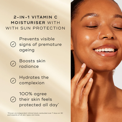 A model with glowing skin smiles next to a list of product benefits on a soft gold background. Text highlights the 2-in-1 Vitamin C Moisturiser with Sunscreen:
Prevents signs of premature ageing
Boosts skin radiance
Hydrates the complexion
100% agree their skin feels protected all day