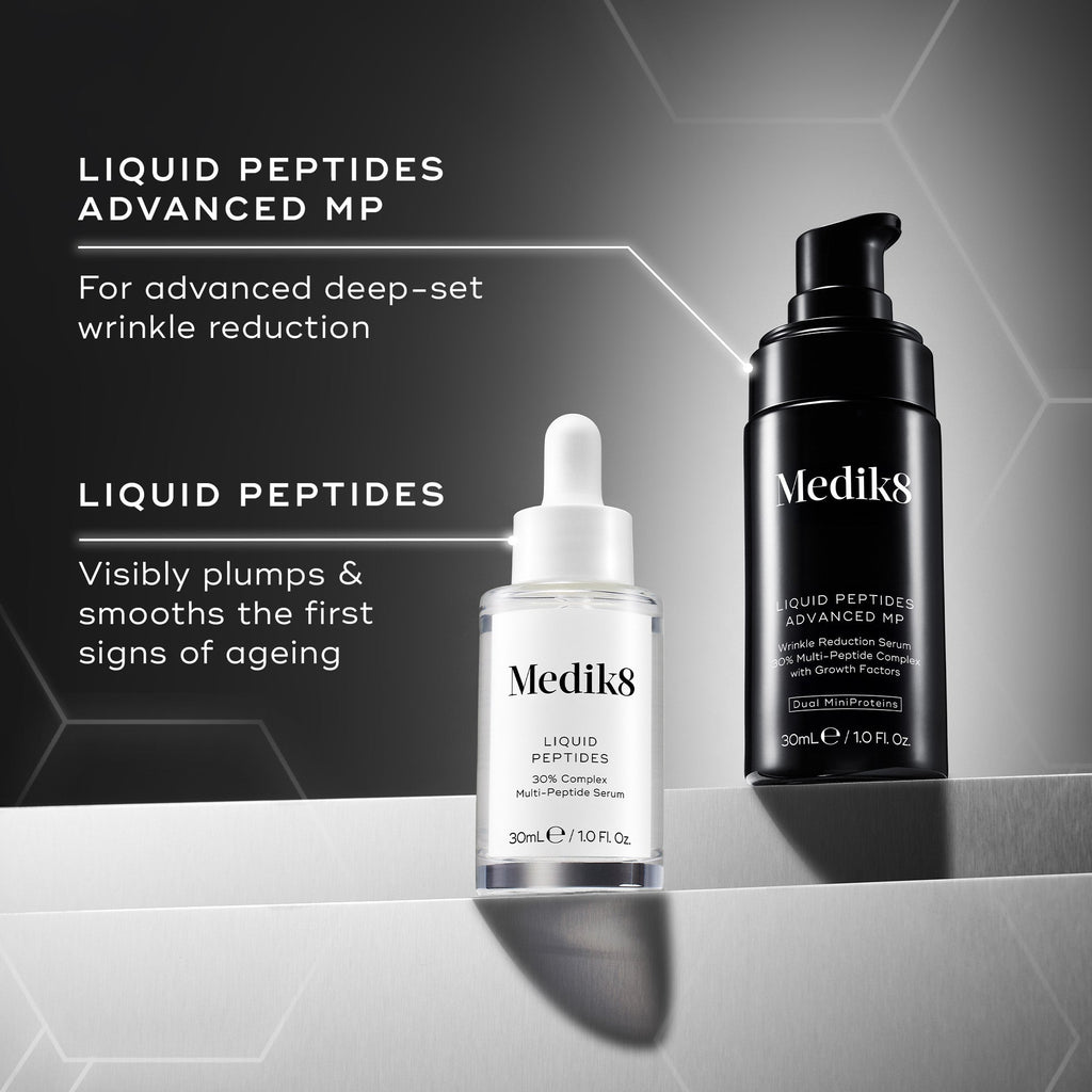 Comparison between LIQUID PEPTIDES ADVANCED MP  (in a black bottle with a pump), for advanced deep-set wrinkle reduction and LIQUID PEPTIDES  (in a white dropper bottle) is for visibly plumps & smooths the first signs of ageing.