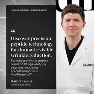 Daniel Isaacs, Chief Product Officer for Medik8 is shown with a quote stating:  Discover precision peptide technology for dramatic wrinkle reduction. Formulated with a potent blend of 13 age-defying peptides including breakthrough Dual MiniProteins™. 