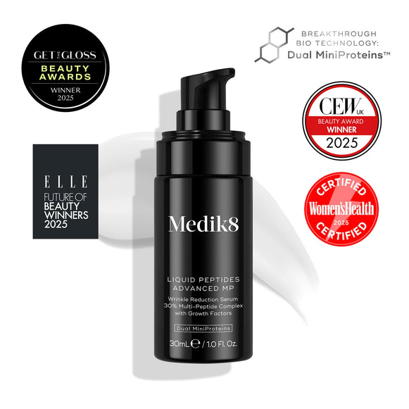 Medik8 Liquid Peptides Advanced MP serum bottle with awards on a white background-3