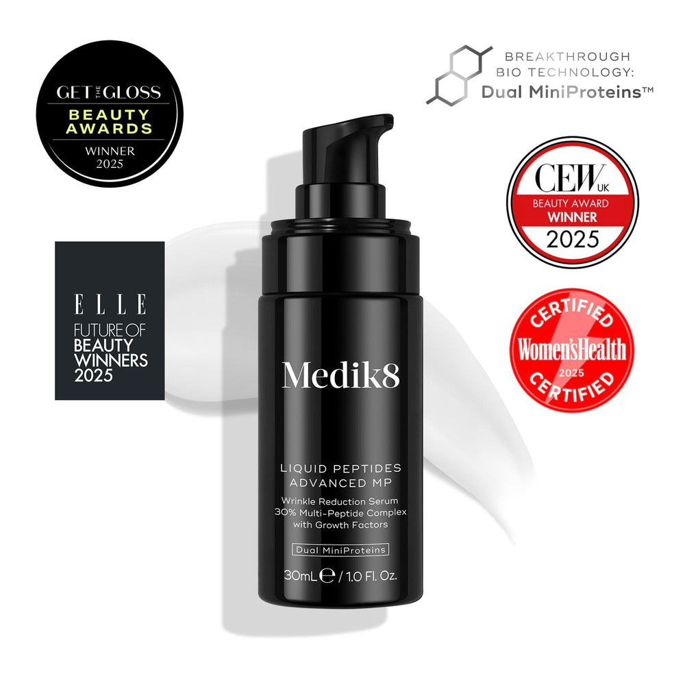 Medik8 Liquid Peptides Advanced MP serum bottle with awards on a white background