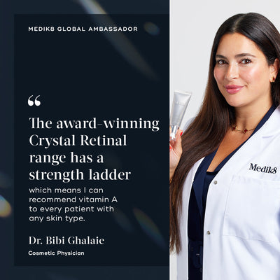 Dr. Bibi Ghalaie, Cosmetic Physician, smiles while holding a silver tube of Crystal Retinal. A quote from her states: "The award-winning Crystal Retinal range has a strength ladder which means I can recommend vitamin A to every patient with any skin type."