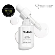 A clear glass dropper bottle of Liquid Peptides serum is presented, with its dropper removed and resting beside it and serum droplets, showing the texture