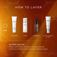An infographic titled "How To Layer" outlines an AM skincare routine on an orange background. It highlights the "Vitamin C" step featuring C-Tetra Advanced, positioned between "Cleanse" (Surface Radiance Cleanse), "Tone" (Press & Glow), and "Moisturiser & SPF" (Advanced Day Ultimate Protect).