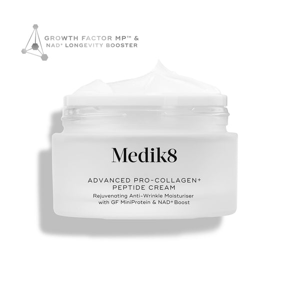 Medik8 Advanced Pro-Collagen+ Peptide Cream jar stands against a clean white background, with the open top revealing a rich white cream texture. Text on the jar highlights "Rejuvenating Anti-Wrinkle Moisturiser with GF MiniProtein & NAD+ Boost," while a geometric graphic in the corner reads "Growth Factor MP™ & NAD+ Longevity Booster."-7