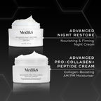 Comparison of Medik8 Advanced Night Restore and Advanced Pro-Collagen+ Peptide Cream jars displayed side-by-side against a black background. Text contrasts the nourishing PM formula of Night Restore with the new lightweight AM/PM Pro-Collagen+ formula, highlighting its ability to increase collagen production and reduce deep-set wrinkles.
