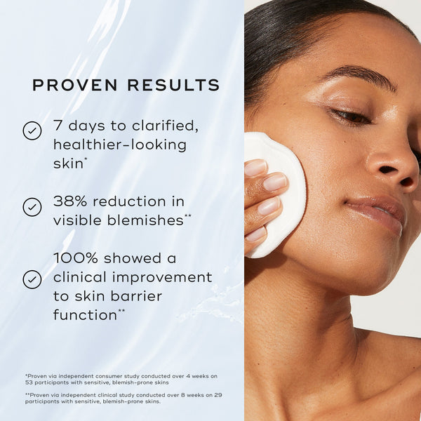 A model applies toner with a cotton pad alongside text listing  Proven Results,  including  7 days to clarified, healthier-looking skin*  and  38% reduction in visible blemishes** 