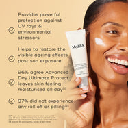 Medik8 Advanced Day Ultimate Protect cream tube is held by a smiling model with a swipe of white cream on her cheek against a warm beige background. Text highlights four key benefits: powerful protection against UV rays and environmental stressors, DNA damage repair following UV exposure, 94% agree it feels like a moisturizer, and 100% experienced no roll-off or pilling.