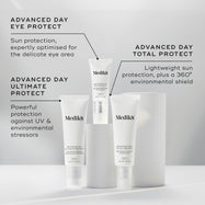 Three Medik8 sunscreens displayed on white podiums against a grey background. Labels identify Advanced Day Eye Protect (SPF 30 protection for the eye area), Advanced Day Ultimate Protect (SPF 50+ protection with DNA repair enzymes), and Advanced Day Total Protect (lightweight SPF 30 with a 360° environmental shield).