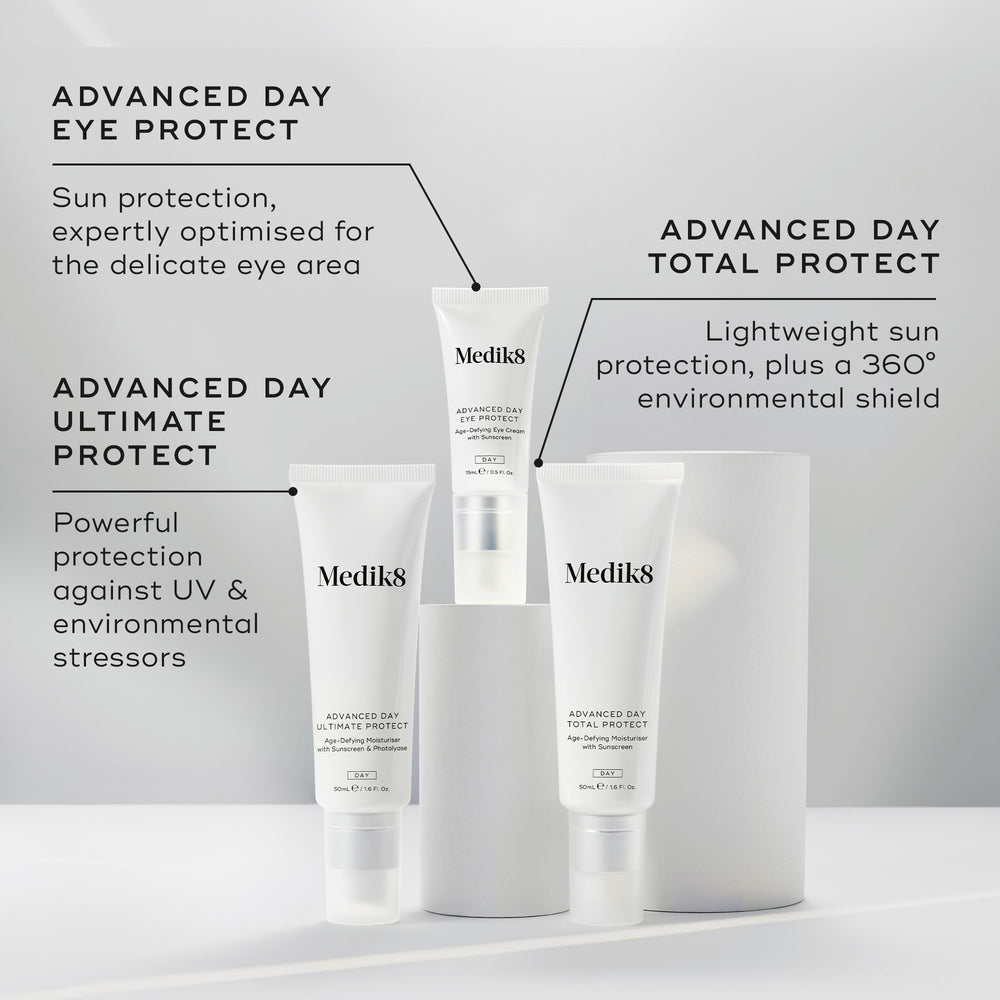Three Medik8 sunscreens displayed on white podiums against a grey background. Labels identify Advanced Day Eye Protect (SPF 30 protection for the eye area), Advanced Day Ultimate Protect (SPF 50+ protection with DNA repair enzymes), and Advanced Day Total Protect (lightweight SPF 30 with a 360° environmental shield).