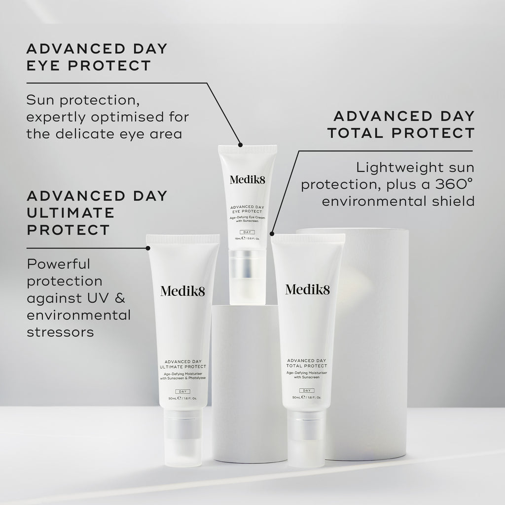 Three Medik8 sunscreens displayed on white podiums against a grey background. Labels identify Advanced Day Eye Protect (SPF 30 protection for the eye area), Advanced Day Ultimate Protect (SPF 50+ protection with DNA repair enzymes), and Advanced Day Total Protect (lightweight SPF 30 with a 360° environmental shield).