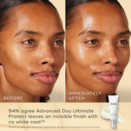 A before and after comparison of a participant’s face, demonstrating an invisible finish. Text states the product is "Proven to deliver an invisible finish on all skin tones." An image of a white tube of Advanced Day Ultimate Protect with a dollop of cream is shown in the corner.