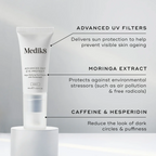 Advanced Day Eye Protect tube stands on a white pedestal. Text highlights Advanced UV Filters protection, Moringa Extract to protect against environmental stressors, and Caffeine & Hesperidin to reduce dark circles and puffiness.