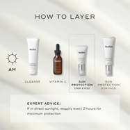Four Medik8 products are arranged for an AM skincare routine against a light grey background. The steps include Surface Radiance Cleanse, C-Tetra Luxe (Vitamin C), Advanced Day Eye Protect (Sunscreen for eyes), and Advanced Day Total Protect (Sunscreen for face). Expert advice recommends reapplying every 2 hours if in direct sunlight.