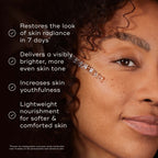 "A model with a radiant complexion is shown in a close-up, with a list of clinically proven benefits for Medik8 C-Tetra Luxe displayed on the left. The benefits include:

Give skin a healthy glow after just 1 use*

Reduce the look of wrinkles & hyperpigmentation in 4 weeks*

Visibly brightens & provides deep nourishment

A footnote at the bottom specifies these results are  Proven via independent clinical study on C-Tetra Luxe conducted over 4 weeks on 36 participants ."