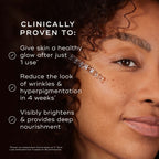 Close-up of a person's face being treated with a glass pipette, set against a dark, warm-toned background. The text states the product is  CLINICALLY PROVEN TO:  followed by three check-marked claims:  Give skin a healthy glow after just 1 use* ,  Reduce the look of wrinkles & hyperpigmentation in 4 weeks* , and  Visibly brightens & provides deep nourishment . A footer note specifies these results are proven via an independent clinical study on C-Tetra Luxe conducted over 4 weeks on 36 participants.