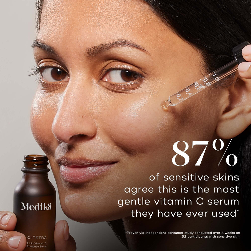Close-up of a woman with a glowing, radiant complexion resting her hand on her cheek. Text states: "87% of sensitive skins agree this is the most gentle vitamin C serum they have ever used." Smaller text below notes results based on a consumer study.