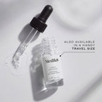 A small clear glass bottle (8mL) of Medik8 Liquid Peptides serum, with its dropper resting beside it. Text indicates it's  ALSO AVAILABLE IN A HANDY TRAVEL SIZE.
