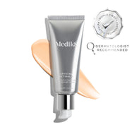 A silver tube of Crystal Retinal 6 is displayed, with a peach swatch to its side. A WORLD FIRST PATENTED TECHNOLOGY seal and a DERMATOLOGIST RECOMMENDED icon are shown. 