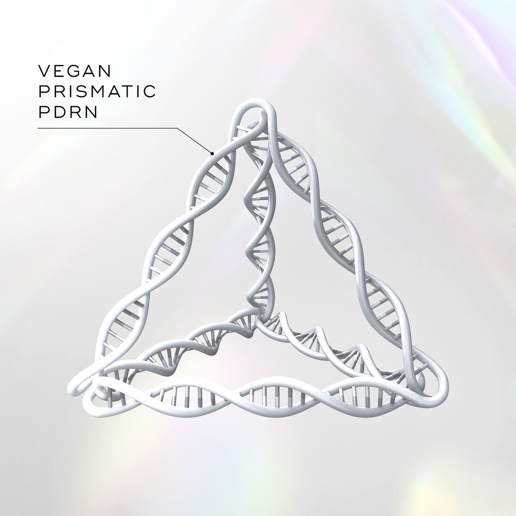 Vegan prismatic PDRN design on a light background