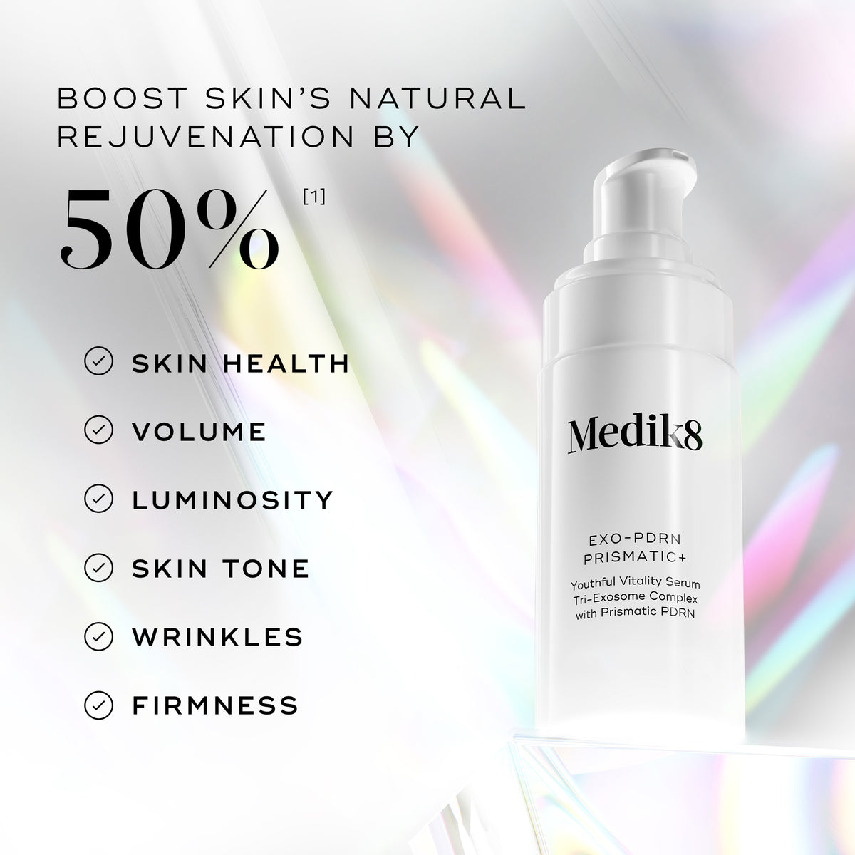 A graphic titled ‘Boost Natural Rejuvenation by over 50% vs Control,’ showing two images comparison of the skin’s dermis and epidermis, pointing to skin cell rejuvenation and increased skin cell rejuvenation with Exo-PDRN Prismatic+. 

*Proven via ex vivo study measuring Ki67 protein marker foor cell proliferation vs. untreated control after 24 hours