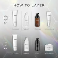 A morning and night routine application guide displays Medik8 products on a light grey background with subtle hexagonal shapes. The EXO-PDRN Prismatic+ bottle is highlighted as the "CIBLE" (Target) step in both routines, used after cleansing. In the morning, it is followed by Vitamin C and Sunscreen. At night, it is followed by another Target serum (Liquid Peptides) and a Moisturiser.