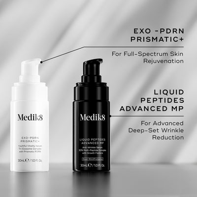 Two Medik8 serums are compared side-by-side against a background with hexagonal patterns. On the left, the white EXO-PDRN Prismatic+ bottle is shown for morning and night use to achieve overall and visible skin rejuvenation. On the right, the black Liquid Peptides Advanced MP bottle is shown for morning and night use to visibly reduce deep wrinkles.