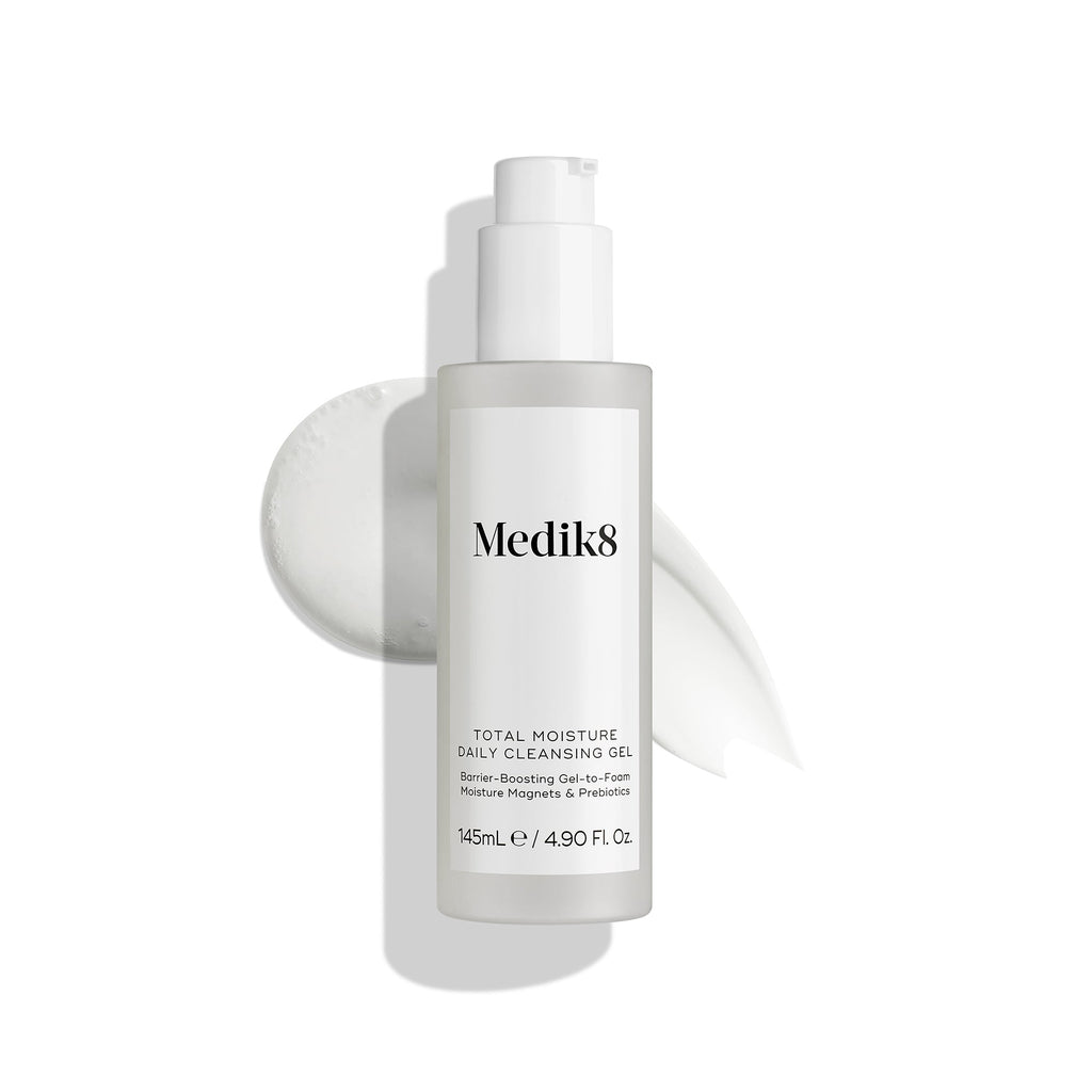 Medik8 Total Moisture Daily Cleansing Gel packshot displayed against a clean white background, highlighting the product bottle and minimalist packaging