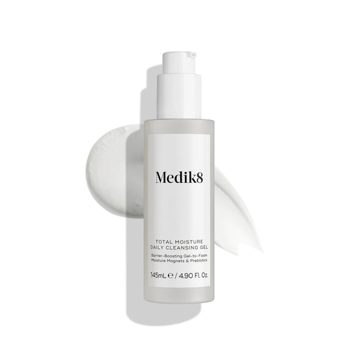 Medik8 Total Moisture Daily Cleansing Gel packshot displayed against a clean white background, highlighting the product bottle and minimalist packaging