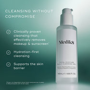Medik8 Total Moisture Daily Cleansing Gel bottle with text panel outlining key benefits including effective removal of makeup and sunscreen, hydration-first cleansing and skin barrier support.