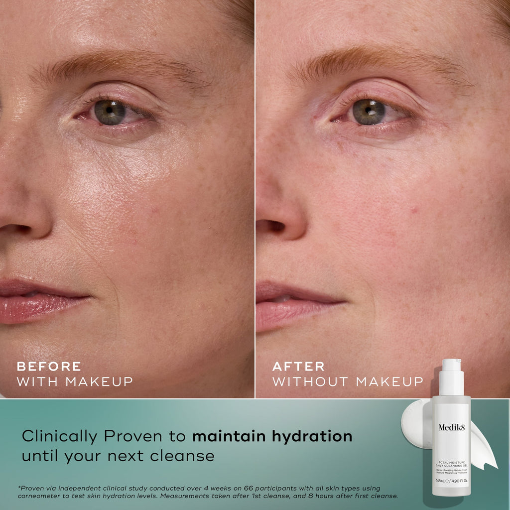 Side-by-side before and after images of a woman’s face showing improvement in hydration and skin clarity, alongside product and supporting claim text