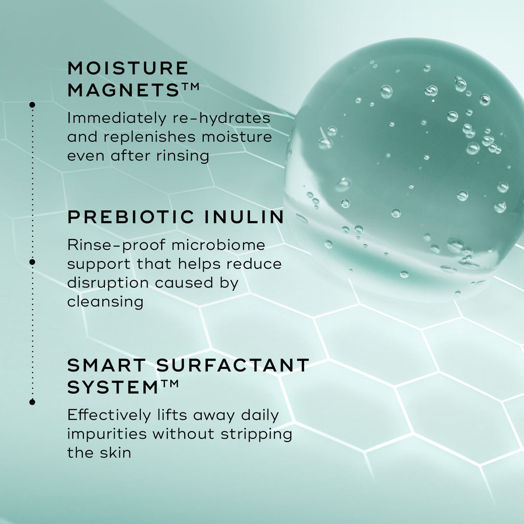 Ingredient graphic featuring moisture magnets, prebiotic inulin and smart surfactant system with a water-inspired visual