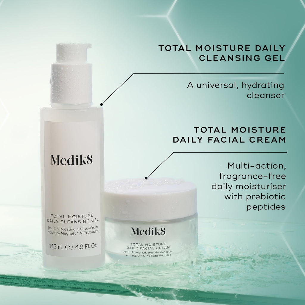 Product pairing visual featuring Total Moisture Daily Cleansing Gel and matching moisturiser, highlighting a complete hydration and barrier-supporting routine