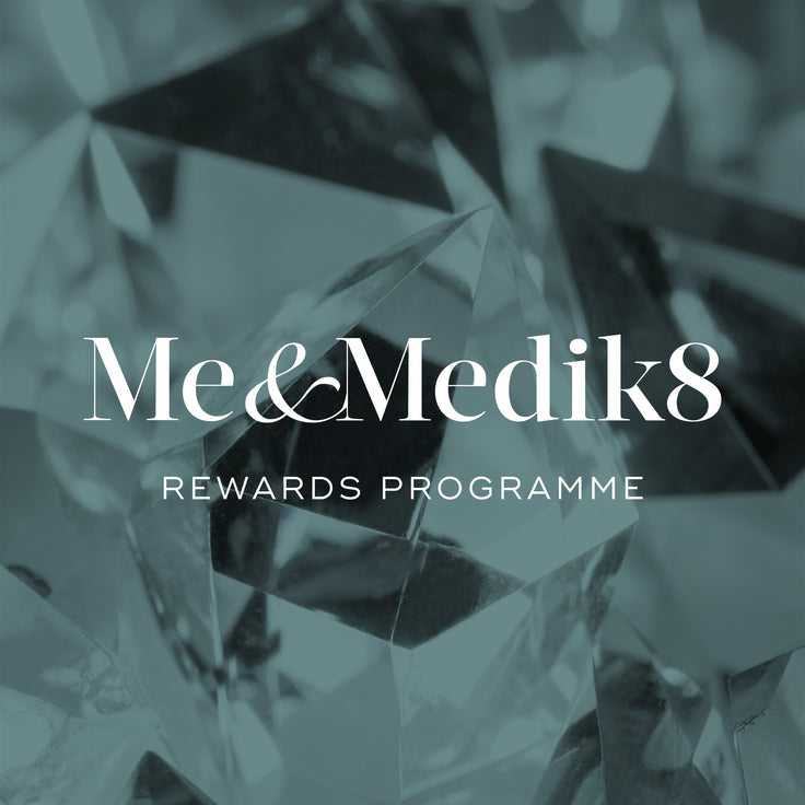 A promotional graphic featuring a background of sharp, stylized crystal structures tinted in a dark teal hue. In the center, white text reads "Me & Medik8" in a large serif font, with a clean sans-serif sub-headline below that reads "REWARDS PROGRAMME".